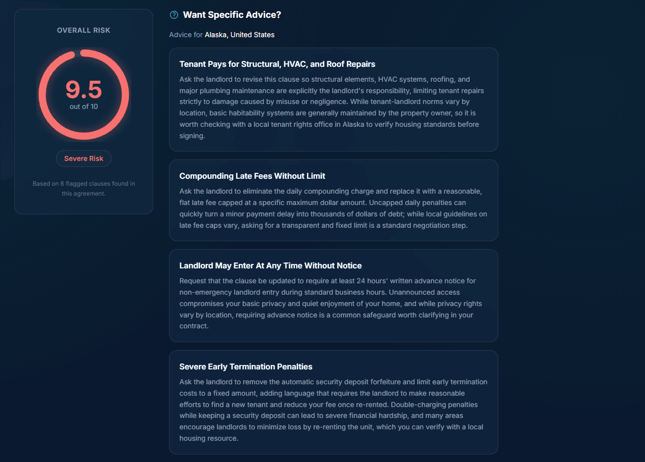 LeaseShield jurisdiction-aware negotiating advice for Alaska, United States, with expandable cards covering compounding late fees, entry without notice, and severe early termination penalties