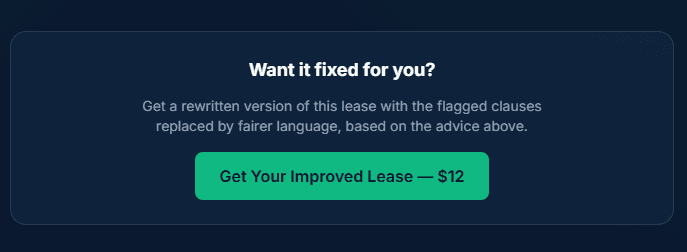 LeaseShield 'Want it fixed for you?' upsell card offering a rewritten lease with flagged clauses replaced by fairer language, with a Get Your Improved Lease button